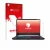 Parte frontal de un envase de producto con el logotipo de la marca upscreen. Al lado se muestra el dispositivo MSI Katana 15 H