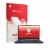 Parte frontal de un envase de producto con el logotipo de la marca upscreen. Al lado se muestra el dispositivo MSI Cyborg 15 A