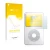 Parte frontal de un envase de producto con el logotipo de la marca upscreen. Al lado se muestra el dispositivo Apple iPod clas