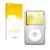 Parte frontal de un envase de producto con el logotipo de la marca upscreen. Al lado se muestra el dispositivo Apple iPod Clas
