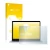 Parte frontal de un envase de producto con el logotipo de la marca upscreen. Al lado se muestra el dispositivo Apple MacBook A