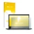 Parte frontal de un envase de producto con el logotipo de la marca upscreen. Al lado se muestra el dispositivo Lenovo ThinkPad
