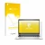 Parte frontal de un envase de producto con el logotipo de la marca upscreen. Al lado se muestra el dispositivo HP ProBook x360