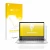 Parte frontal de un envase de producto con el logotipo de la marca upscreen. Al lado se muestra el dispositivo HP EliteBook 83