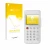 Parte frontal de un envase de producto con el logotipo de la marca upscreen. Al lado se muestra el dispositivo myPOS Go 2 con 