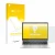 Parte frontal de un envase de producto con el logotipo de la marca upscreen. Al lado se muestra el dispositivo HP EliteBook 83