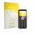 Parte frontal de un envase de producto con el logotipo de la marca upscreen. Al lado se muestra el dispositivo Easyfone Prime 